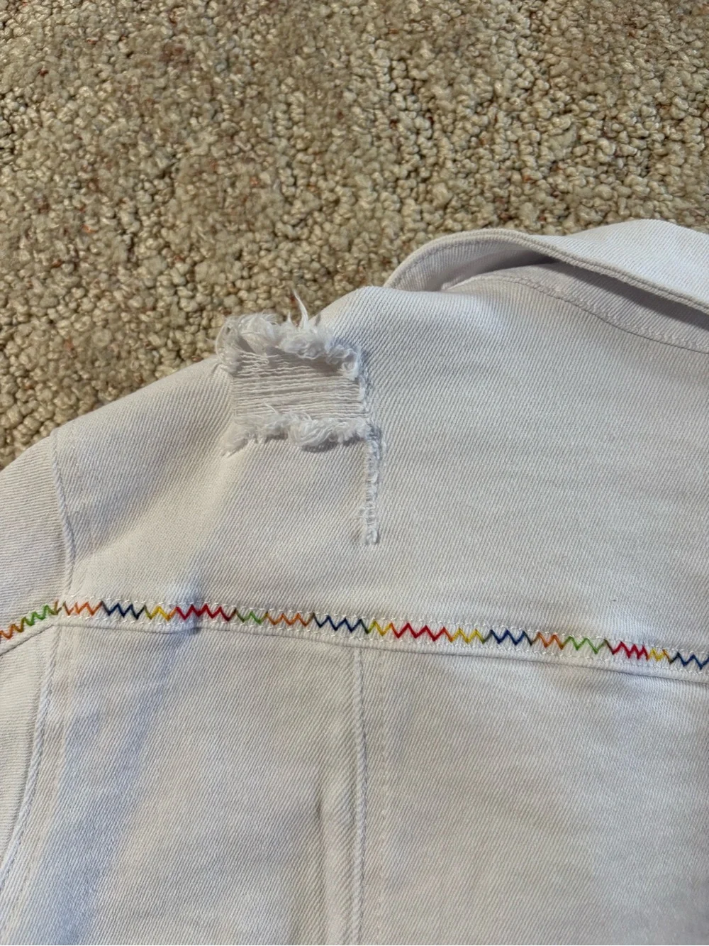 Coco + Carmen Women’s White Denim Jacket with Rainbow Stitching